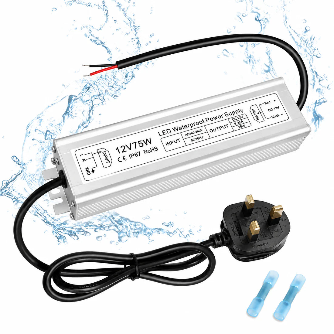12V Outdoor Waterproof LED Power Supply 30W–100W, 90–265V Input, Single Wire Output, Aluminum Housing, Landscape & Outdoor Lighting, CE/RoHS/FCC Certified, Waterproof Transformer for Outdoor Lighting, US/UK/EU Plug