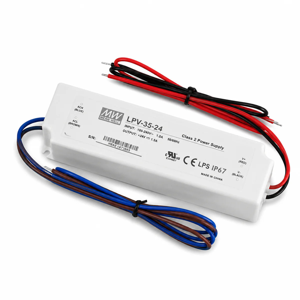 MEANWELL LPV Series 12V/24V Outdoor IP67 Waterproof Switching Power Supply, Plastic Housing, 35W–150W, AC90-264V Input, UL/CE Certified, Landscape Lighting