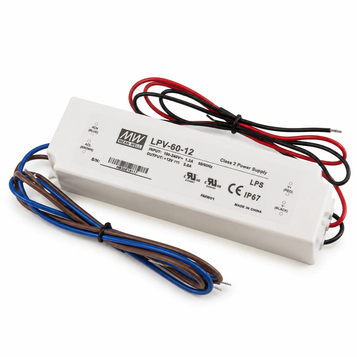 MEANWELL LPV Series 12V/24V Outdoor IP67 Waterproof Switching Power Supply, Plastic Housing, 35W–150W, AC90-264V Input, UL/CE Certified, Landscape Lighting