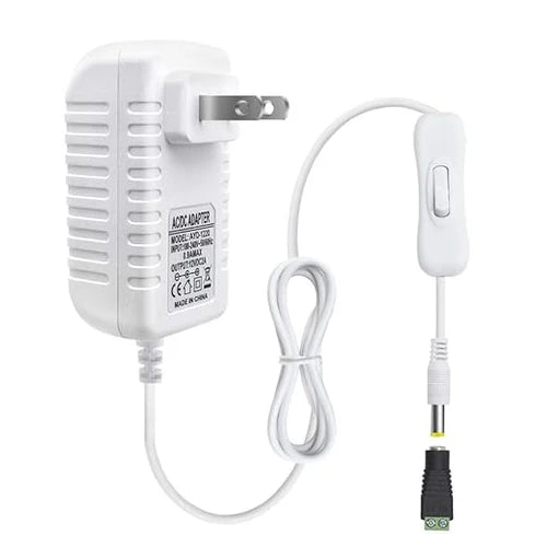 DC 12V Plug-in Power Adapter with On/Off Switch, 12W, US Plug, Black/White Housing, 100–240V AC Input - Power Supply for LED Lighting, Home Devices and Portable Electronics