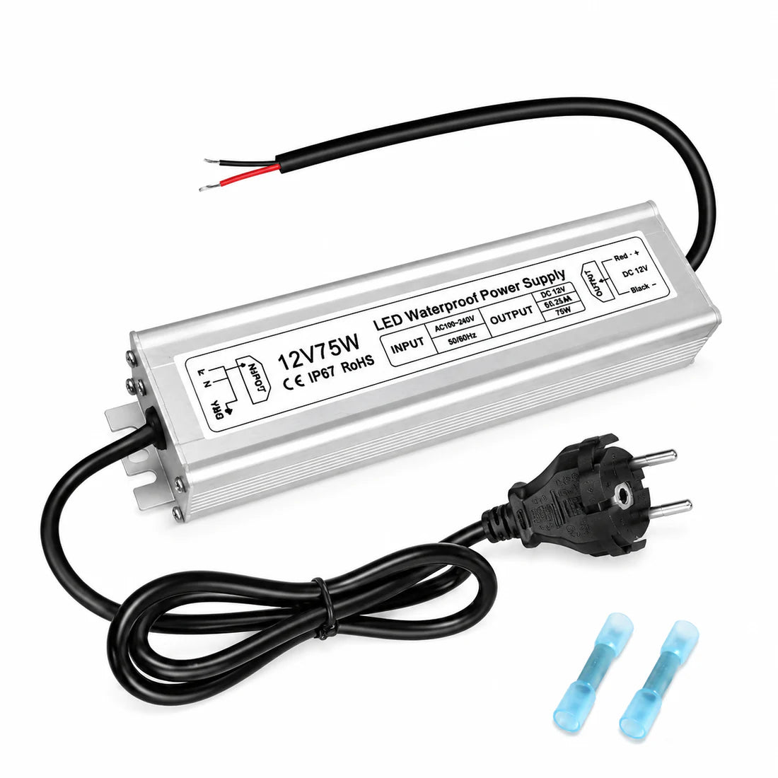 12V Outdoor Waterproof LED Power Supply 30W–100W, 90–265V Input, Single Wire Output, Aluminum Housing, Landscape & Outdoor Lighting, CE/RoHS/FCC Certified, Waterproof Transformer for Outdoor Lighting, US/UK/EU Plug