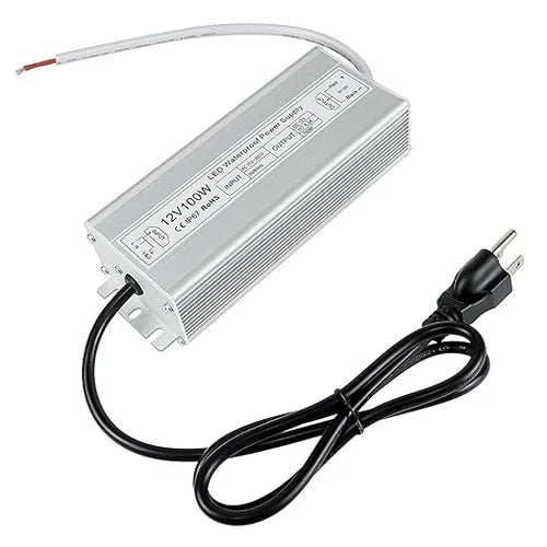 12V Outdoor Waterproof LED Power Supply 30W–100W, 90–265V Input, Single Wire Output, Aluminum Housing, Landscape & Outdoor Lighting, CE/RoHS/FCC Certified, Waterproof Transformer for Outdoor Lighting, US/UK/EU Plug