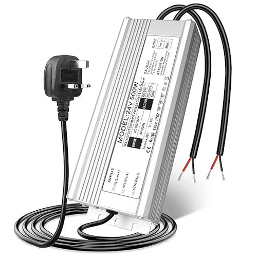 24V Outdoor Waterproof LED Power Supply 200W–500W, 175–265V Input, Single/Dual Wire Output, Aluminum Housing, Landscape & Outdoor Lighting, CE/RoHS/FCC Certified, Waterproof Transformer for Outdoor Lighting, UK/EU Plug