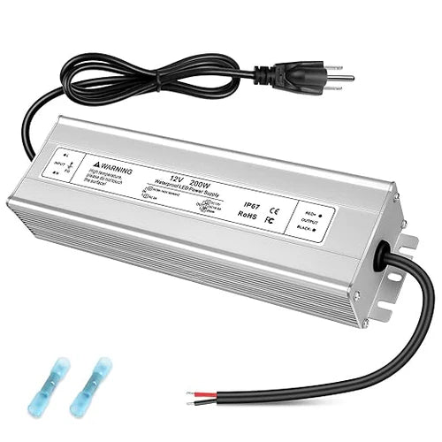 12V Outdoor Waterproof LED Power Supply 200W-500W, 90–140V Input, Single/Dual Wire Output, Aluminum Housing, Landscape & Outdoor Lighting, CE/RoHS/FCC Certified, Waterproof Transformer for Outdoor Lighting, US Plug