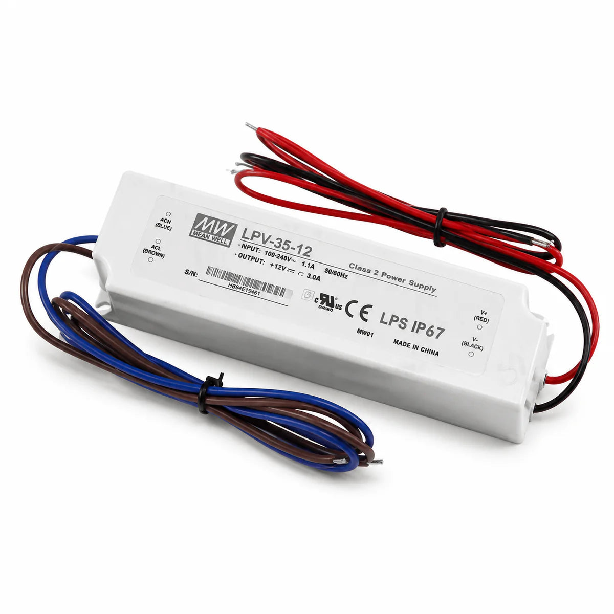 MEANWELL LPV Series 12V/24V Outdoor IP67 Waterproof Switching Power Supply, Plastic Housing, 35W–150W, AC90-264V Input, UL/CE Certified, Landscape Lighting