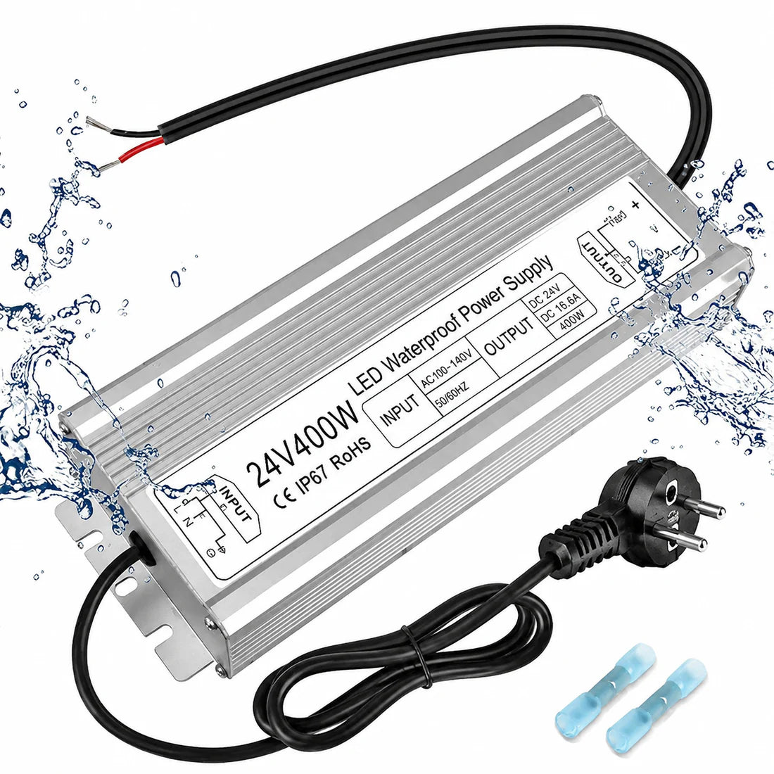 24V Outdoor Waterproof LED Power Supply 200W–500W, 175–265V Input, Single/Dual Wire Output, Aluminum Housing, Landscape & Outdoor Lighting, CE/RoHS/FCC Certified, Waterproof Transformer for Outdoor Lighting, UK/EU Plug