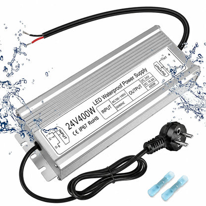 24V Outdoor Waterproof LED Power Supply 200W–500W, 175–265V Input, Single/Dual Wire Output, Aluminum Housing, Landscape & Outdoor Lighting, CE/RoHS/FCC Certified, Waterproof Transformer for Outdoor Lighting, UK/EU Plug