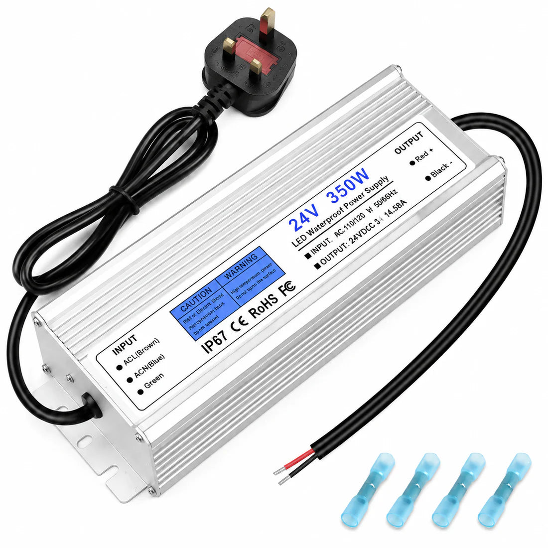 24V Outdoor Waterproof LED Power Supply 200W–500W, 175–265V Input, Single/Dual Wire Output, Aluminum Housing, Landscape & Outdoor Lighting, CE/RoHS/FCC Certified, Waterproof Transformer for Outdoor Lighting, UK/EU Plug