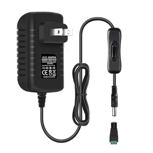 DC 12V Plug-in Power Adapter with On/Off Switch, 12W, US Plug, Black/White Housing, 100–240V AC Input - Power Supply for LED Lighting, Home Devices and Portable Electronics