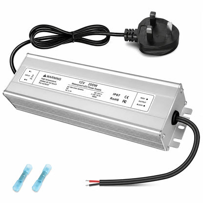 12V Outdoor Waterproof LED Power Supply 200W-500W, 175–265V Input, Single/Dual Wire Output, Aluminum Housing, Landscape & Outdoor Lighting, CE/RoHS/FCC Certified, Waterproof Transformer for Outdoor Lighting, UK/EU Plug