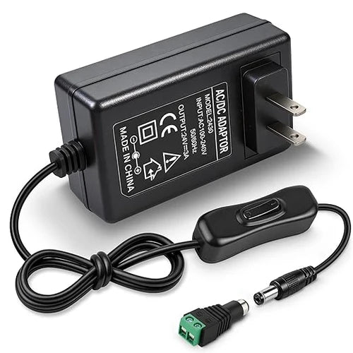 DC 24V Plug-in Power Adapter with On/Off Switch, 72W, US Plug, Black/White Housing, 100–240V AC Input - Power Supply for High Power LED Lighting Applications