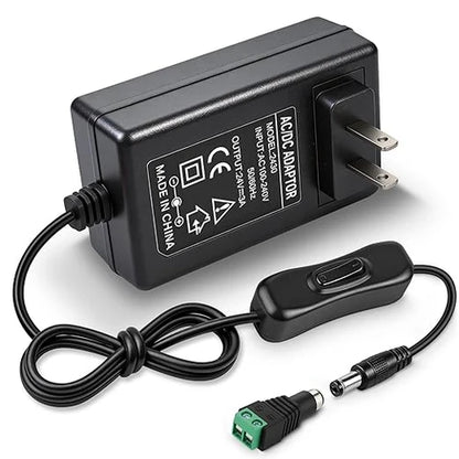 DC 24V Plug-in Power Adapter with On/Off Switch, 72W, US Plug, Black/White Housing, 100–240V AC Input - Power Supply for High Power LED Lighting Applications