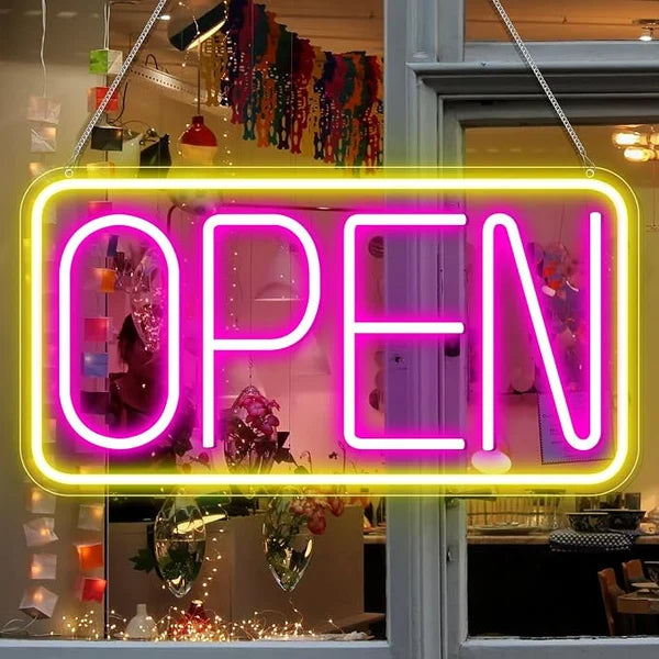 OPEN Silicone LED Store Signs – USB Powered | 16.5×9 inch | Yellow + Pink Glow | LED Window Hanging Light for  Store Entrances & Business Locations
