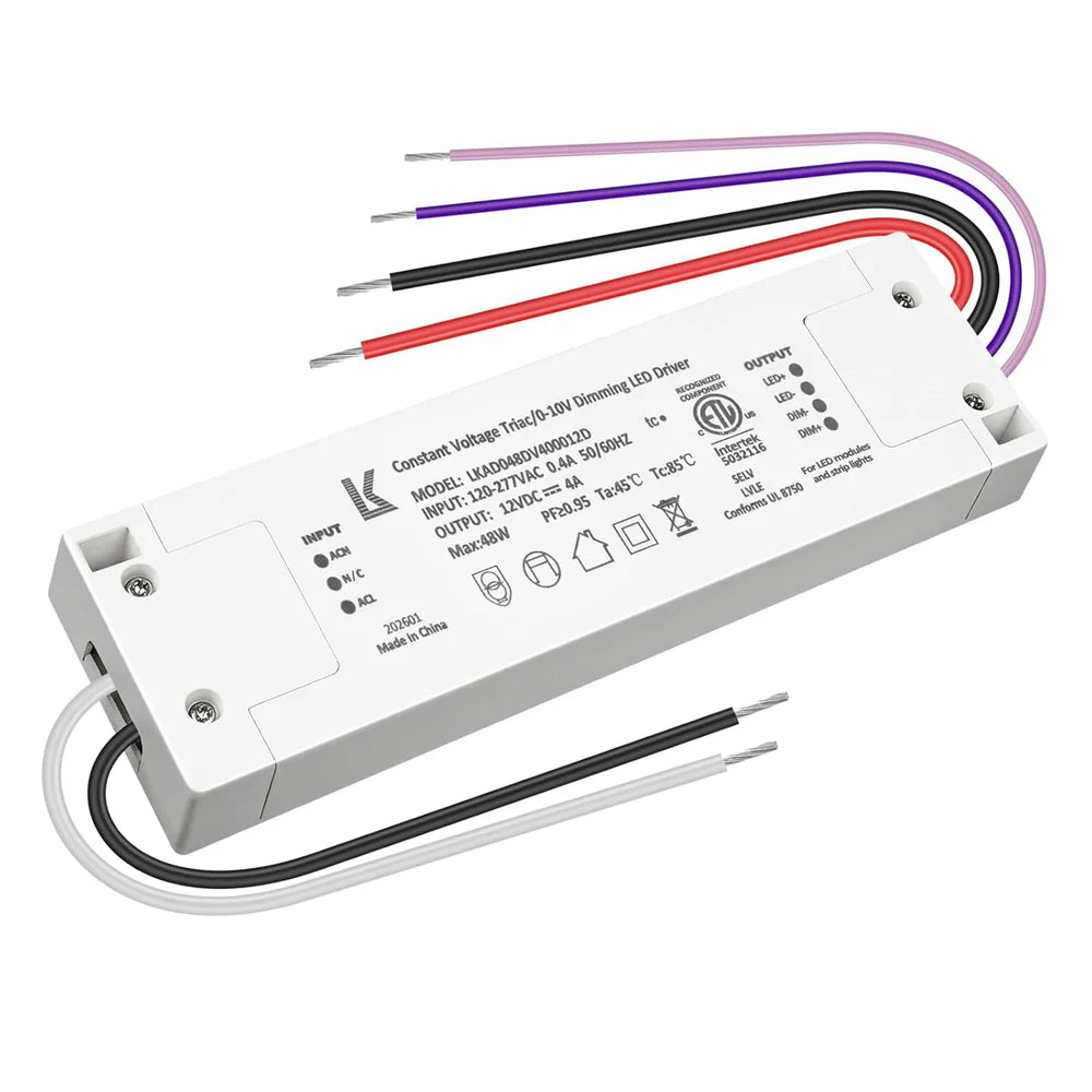 48W 12V DC Plastic Case 5-in-1 Dimmable LED Power Supply, ETL Listed, AC 120-277V Input, LED Power Supply for LED Strip Lights / Home Lighting / DIY Lighting Projects