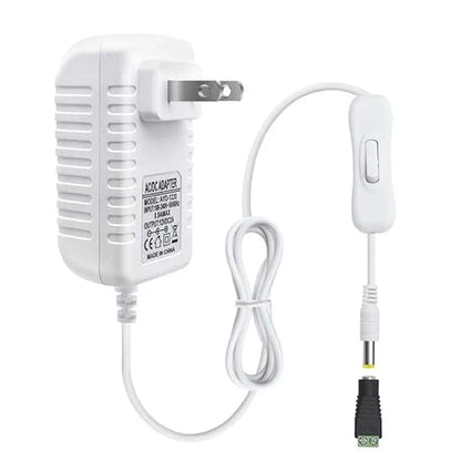 DC 12V Plug-in Power Adapter with On/Off Switch, 24W, US Plug, Black/White Housing, 100–240V AC Input - Power Supply for LED Lighting and Decorative Applications