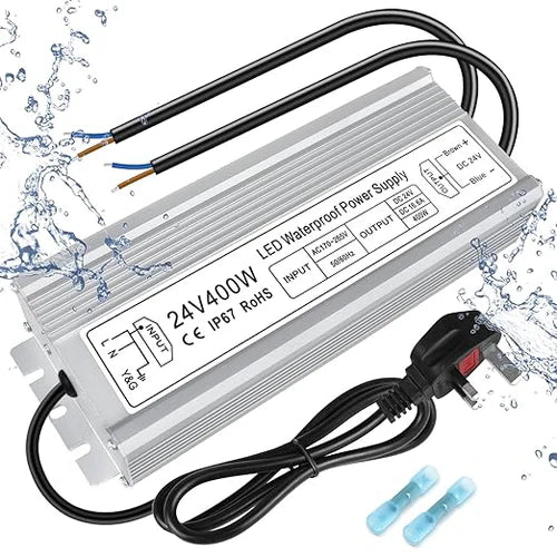24V Outdoor Waterproof LED Power Supply 200W–500W, 175–265V Input, Single/Dual Wire Output, Aluminum Housing, Landscape & Outdoor Lighting, CE/RoHS/FCC Certified, Waterproof Transformer for Outdoor Lighting, UK/EU Plug