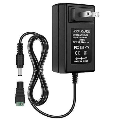 DC 24V Plug-in Power Adapter 72W, AC 100–240V to 24V - US Plug AC Power Supply for High Power LED Lighting and Home Applications, Black Case