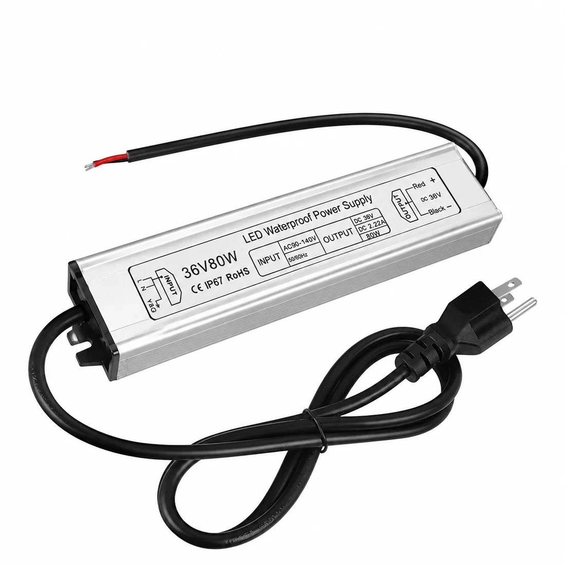 36V Outdoor Waterproof LED Power Supply 60W–80W, 90–265V Input, Single Wire Output, Aluminum Housing, Landscape & Outdoor Lighting, CE/RoHS/FCC Certified, Waterproof Transformer for Outdoor Lighting, US/UK/EU Plug