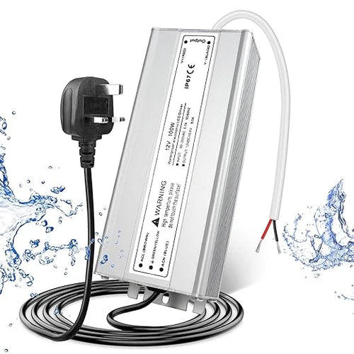 12V Outdoor Waterproof LED Power Supply 30W–100W, 90–265V Input, Single Wire Output, Aluminum Housing, Landscape & Outdoor Lighting, CE/RoHS/FCC Certified, Waterproof Transformer for Outdoor Lighting, US/UK/EU Plug
