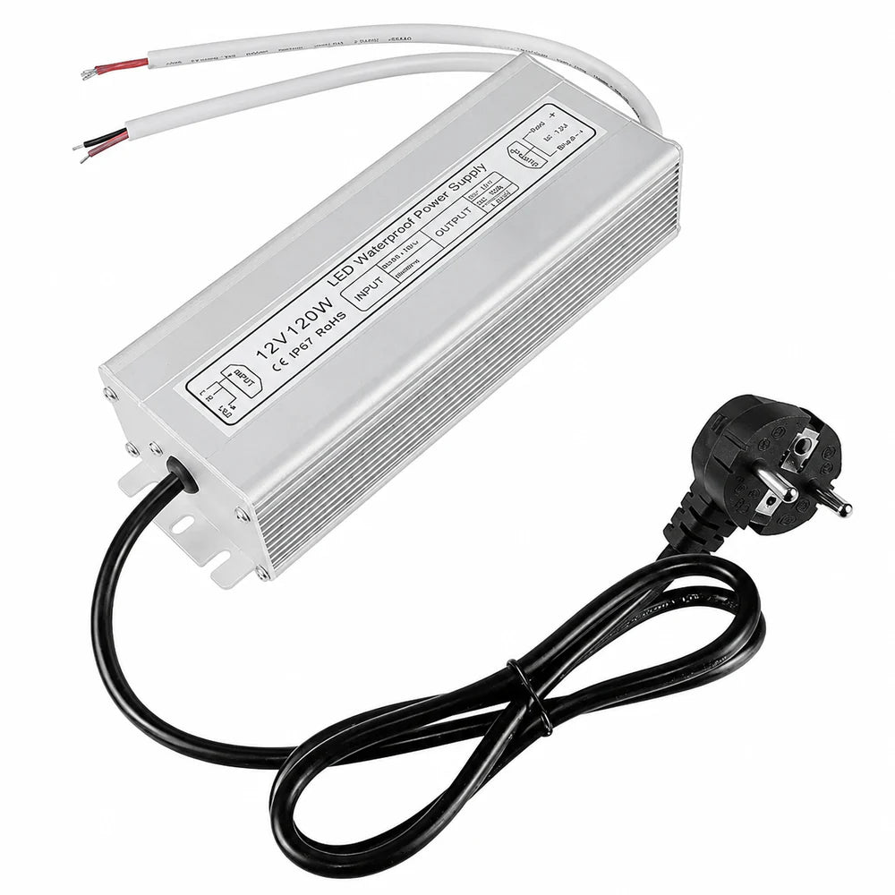 12V Outdoor Waterproof LED Power Supply 110W–280W, 90–265V Input, Single Wire Output, Aluminum Housing, Landscape & Outdoor Lighting, CE/RoHS/FCC Certified, Waterproof Transformer for Outdoor Lighting, US/UK/EU Plug