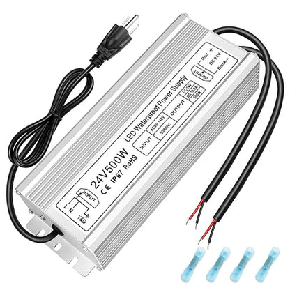 24V Outdoor Waterproof LED Power Supply 200W–500W, 90–140V Input, Single/Dual Wire Output, Aluminum Housing, Landscape & Outdoor Lighting, CE/RoHS/FCC Certified, Waterproof Transformer for Outdoor Lighting, US Plug