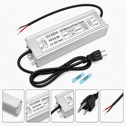 12V Outdoor Waterproof LED Power Supply 300W, 90–265V Input, Single/Dual/Triple Wire Output, Aluminum Housing, Landscape & Outdoor Lighting, CE/RoHS/FCC Certified, Waterproof Transformer for Outdoor Lighting, US /UK/EU Plug