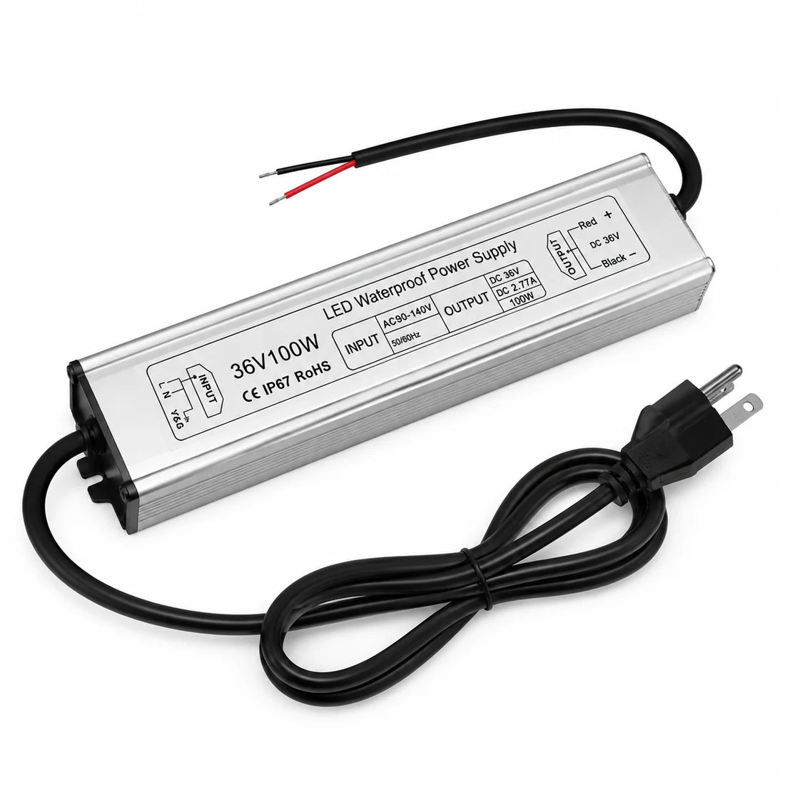 36V Outdoor Waterproof LED Power Supply 100W–400W, 90–140V Input, Single Wire Output, Aluminum Housing, Landscape & Outdoor Lighting, CE/RoHS/FCC Certified, Waterproof Transformer for Outdoor Lighting, US Plug