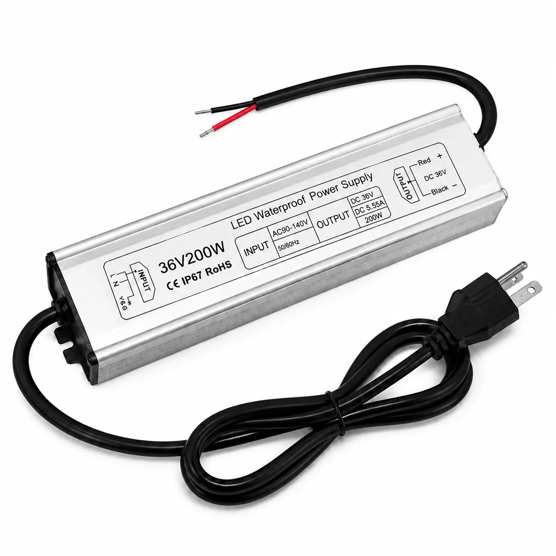 36V Outdoor Waterproof LED Power Supply 100W–400W, 90–140V Input, Single Wire Output, Aluminum Housing, Landscape & Outdoor Lighting, CE/RoHS/FCC Certified, Waterproof Transformer for Outdoor Lighting, US Plug