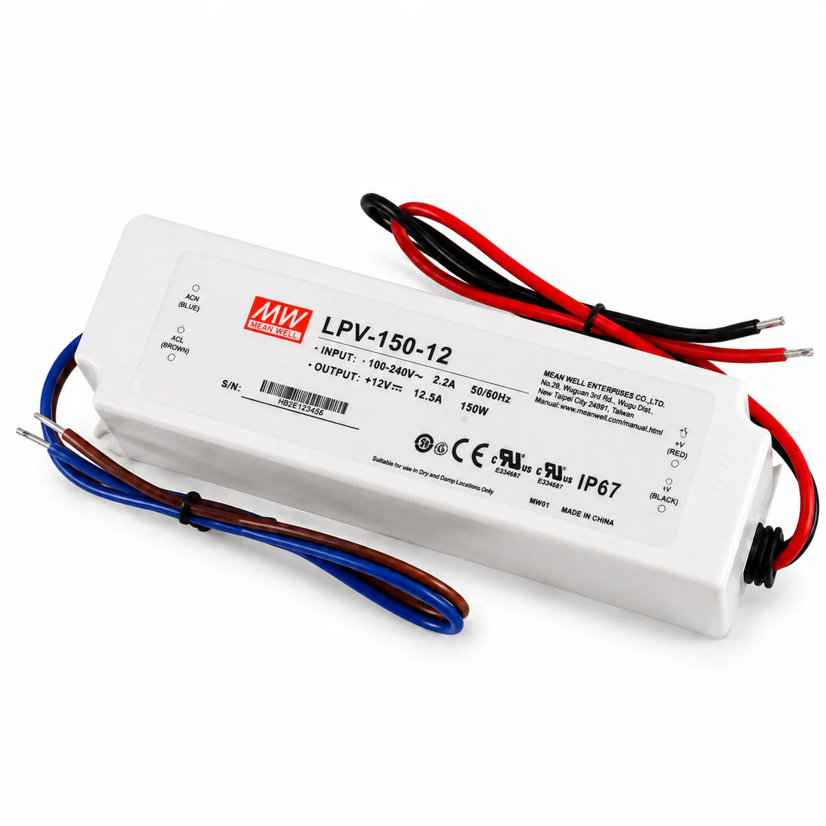 MEANWELL LPV Series 12V/24V Outdoor IP67 Waterproof Switching Power Supply, Plastic Housing, 35W–150W, AC90-264V Input, UL/CE Certified, Landscape Lighting