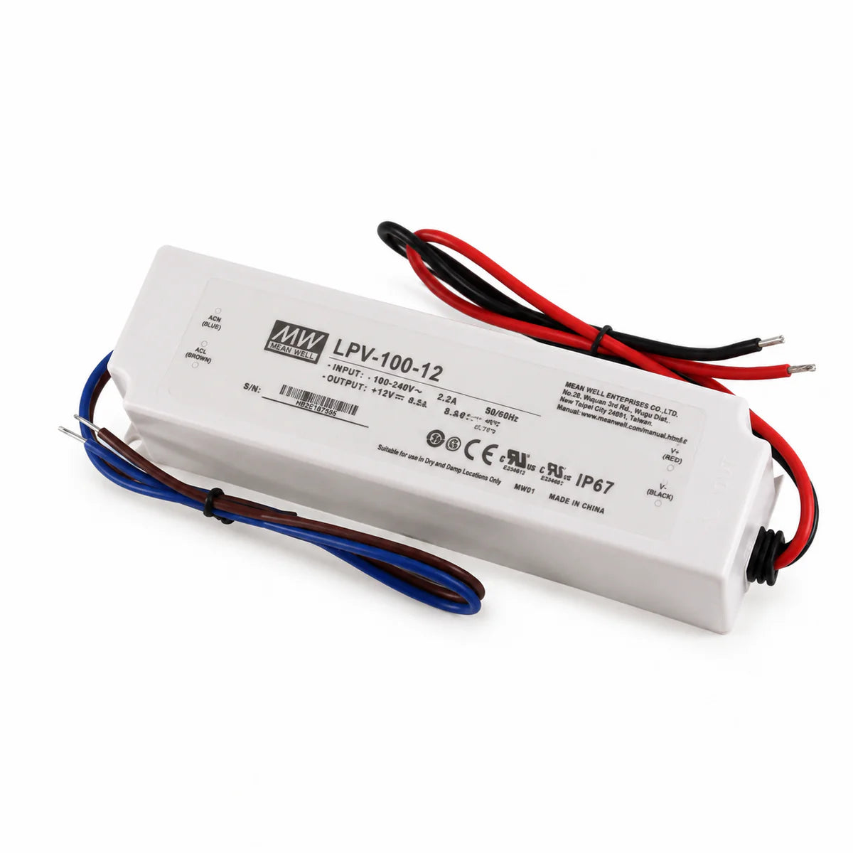 MEANWELL LPV Series 12V/24V Outdoor IP67 Waterproof Switching Power Supply, Plastic Housing, 35W–150W, AC90-264V Input, UL/CE Certified, Landscape Lighting