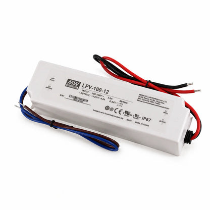 MEANWELL LPV Series 12V/24V Outdoor IP67 Waterproof Switching Power Supply, Plastic Housing, 35W–150W, AC90-264V Input, UL/CE Certified, Landscape Lighting
