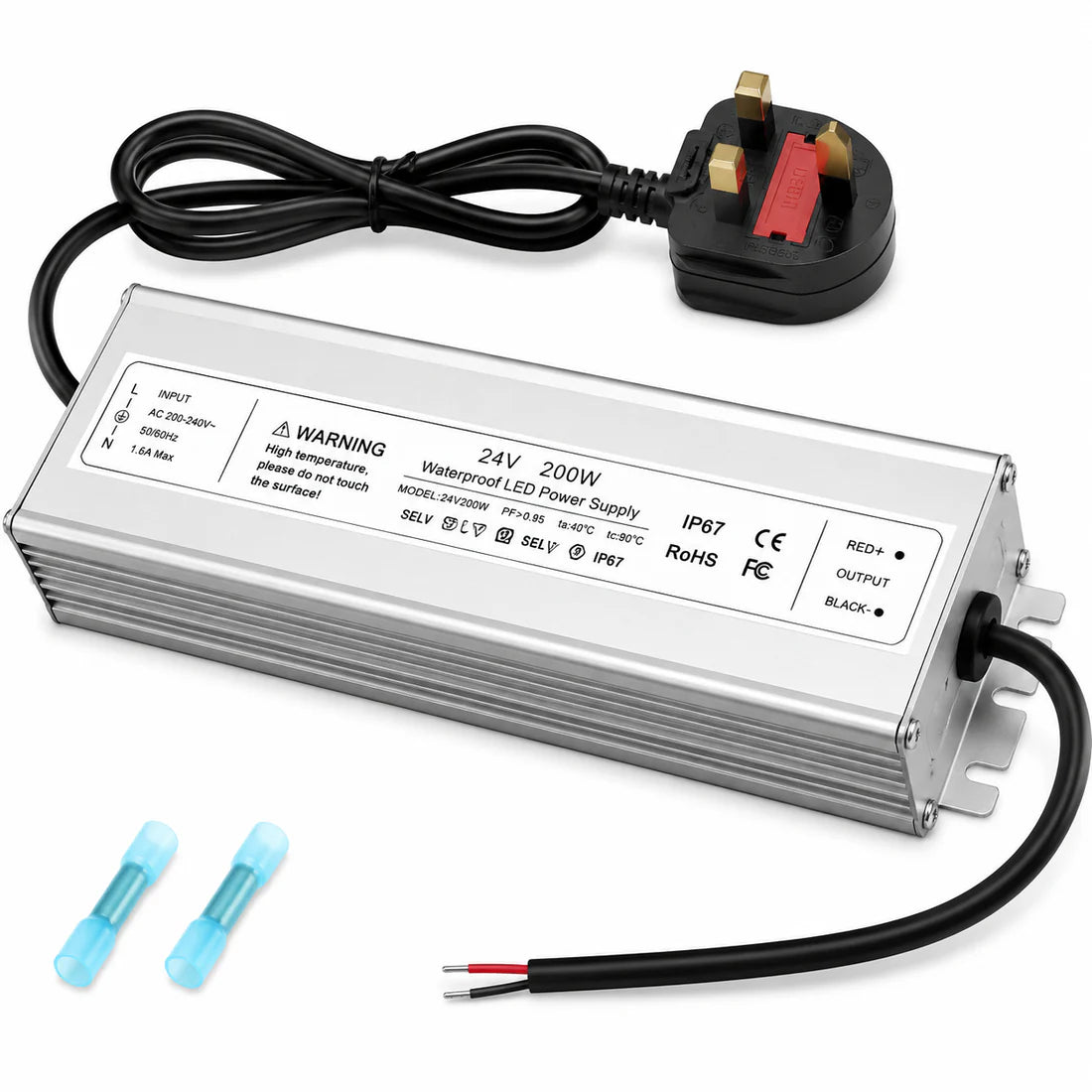 24V Outdoor Waterproof LED Power Supply 200W–500W, 175–265V Input, Single/Dual Wire Output, Aluminum Housing, Landscape & Outdoor Lighting, CE/RoHS/FCC Certified, Waterproof Transformer for Outdoor Lighting, UK/EU Plug