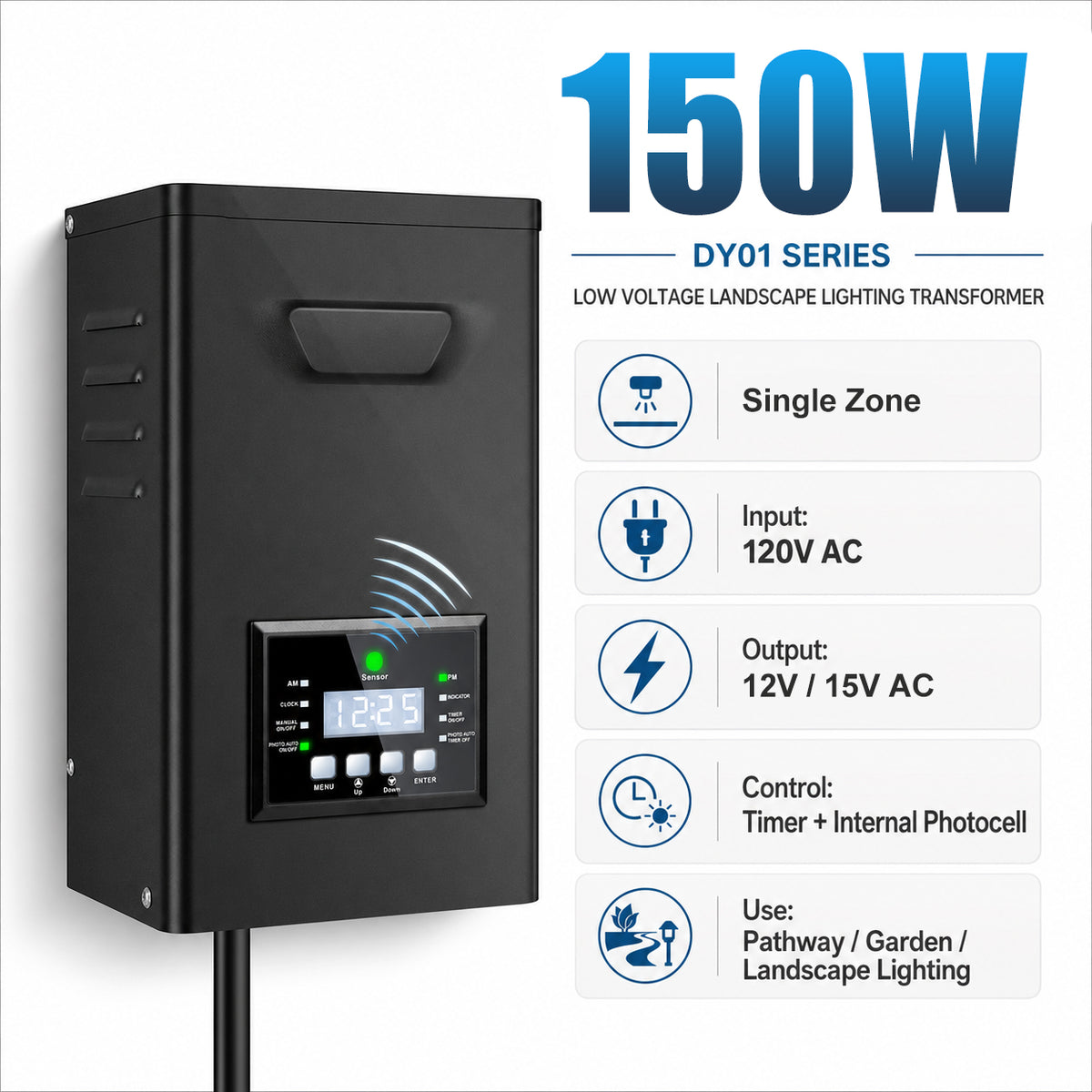 150W Low Voltage Lighting Transformer – 120V to 12V/15V AC, Timer & Internal Photocell, Low Voltage Power Supply for Outdoor LED Lighting