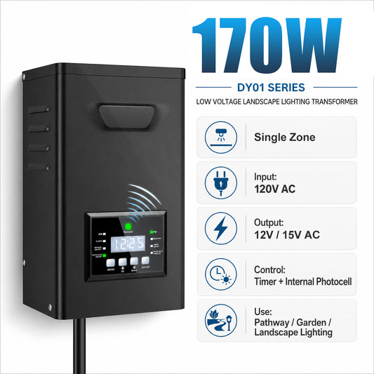 170W Low Voltage Lighting Transformer – 120V to 12V/15V AC, Timer & Internal Photocell, Low Voltage Power Supply for Outdoor LED Lighting