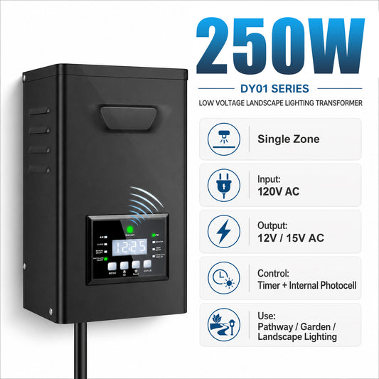 250W Low Voltage Lighting Transformer – 120V to 12V/15V AC, Timer & Internal Photocell, Low Voltage Power Supply for Outdoor LED Lighting