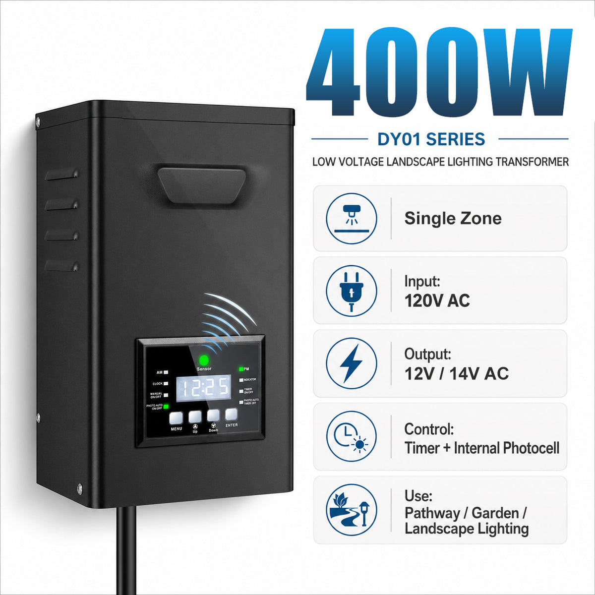 400W Low Voltage Lighting Transformer – 120V to 12V/14V AC, Timer & Internal Photocell, Low Voltage Power Supply for Outdoor LED Lighting