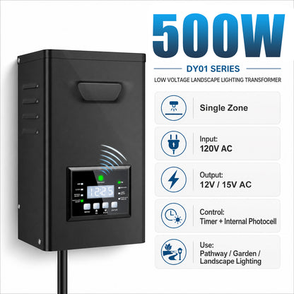500W Low Voltage Lighting Transformer – 120V to 12V/15V AC, Timer & Internal Photocell, Low Voltage Power Supply for Outdoor LED Lighting