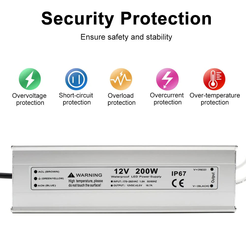 12V Outdoor Waterproof LED Power Supply 200W-500W, 175–265V Input, Single/Dual Wire Output, Aluminum Housing, Landscape & Outdoor Lighting, CE/RoHS/FCC Certified, Waterproof Transformer for Outdoor Lighting, UK/EU Plug