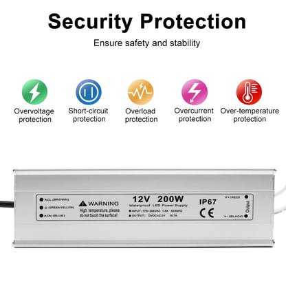 12V Outdoor Waterproof LED Power Supply 200W-500W, 175–265V Input, Single/Dual Wire Output, Aluminum Housing, Landscape & Outdoor Lighting, CE/RoHS/FCC Certified, Waterproof Transformer for Outdoor Lighting, UK/EU Plug