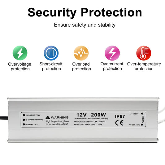12V Outdoor Waterproof LED Power Supply 200W-500W, 175–265V Input, Single/Dual Wire Output, Aluminum Housing, Landscape & Outdoor Lighting, CE/RoHS/FCC Certified, Waterproof Transformer for Outdoor Lighting, UK/EU Plug