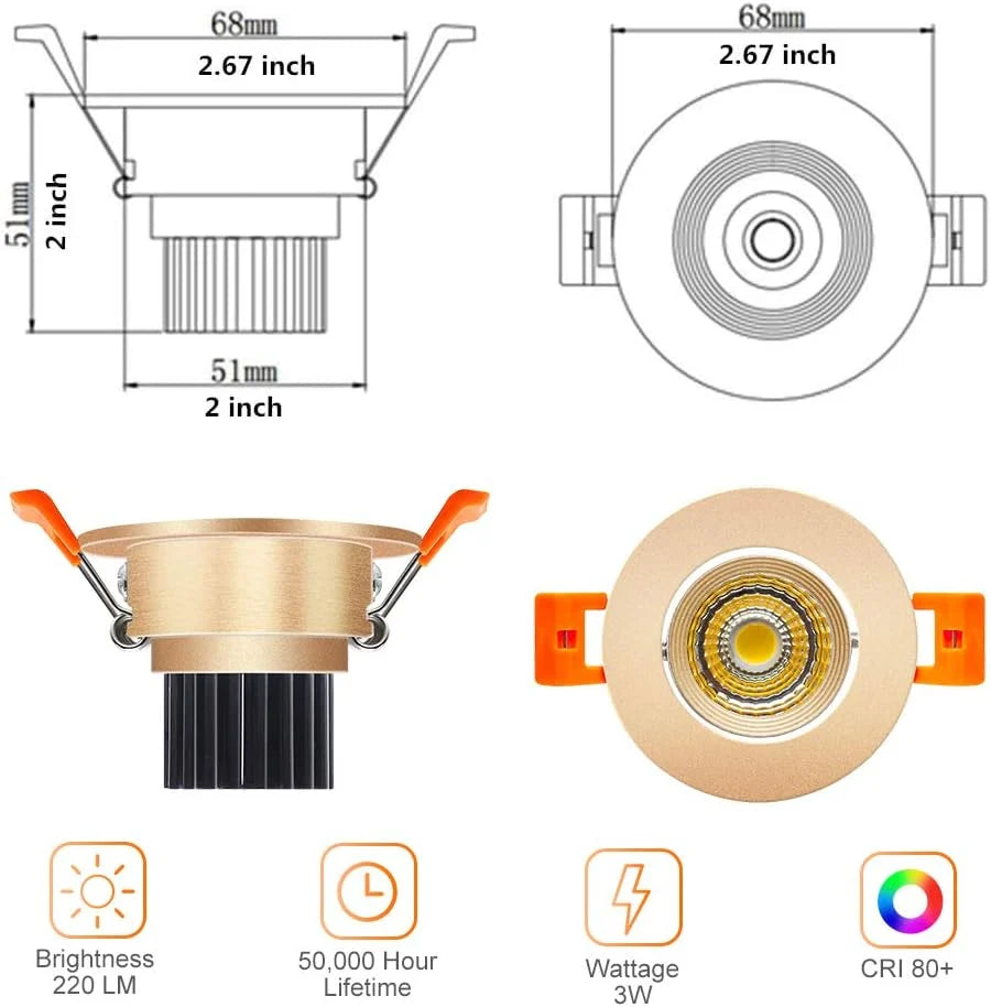 3W Adjustable COB LED Downlight - 2700K–6000K - White/Black/Gold/Silver Housing - TRIAC Dimmable - 100–130V / 200–240V AC - 4-Pack - Ambient & Accent Lighting