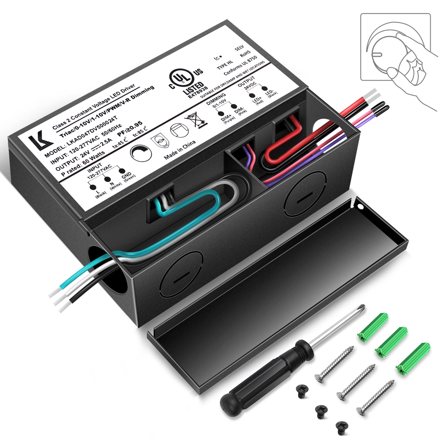 24V DC 60W 5-in-1 Dimmable LED Power Supply, AC 120-277V Input, LED Power Supply for LED Strip Lights / Home Lighting / DIY Lighting Projects