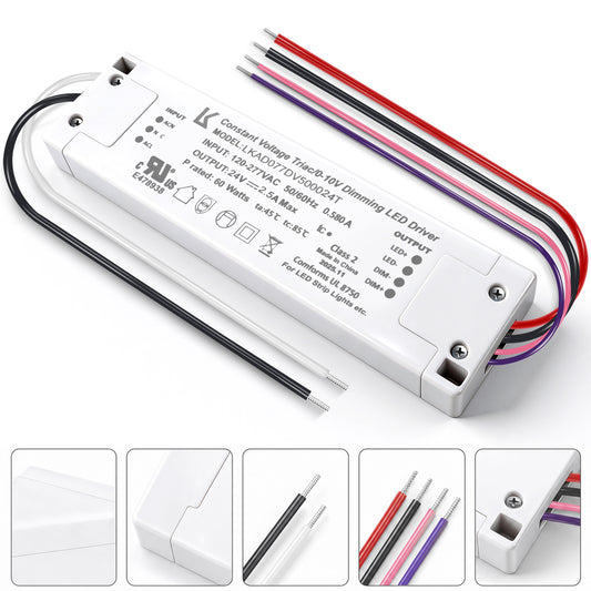 60W 24V DC Plastic Case 5-in-1 Dimmable LED Power Supply, UL Listed, AC 120-277V Input, LED Power Supply for LED Strip Lights / Home Lighting / DIY Lighting Projects