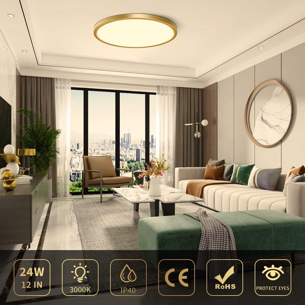 inShareplus 12 Zoll 24W Gold LED-Deckenleuchte, Tageslichtweiß 5000K, 0,94 Zoll ultradünne Deckenbeleuchtung zur Unterputzmontage, 3200LM superhelle goldene Deckenlampe für Schlafzimmer, Büro, Flur, Küche 