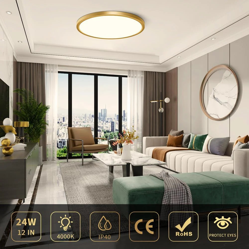 inShareplus 12 Zoll 24W Gold LED-Deckenleuchte, Tageslichtweiß 5000K, 0,94 Zoll ultradünne Deckenbeleuchtung zur Unterputzmontage, 3200LM superhelle goldene Deckenlampe für Schlafzimmer, Büro, Flur, Küche 