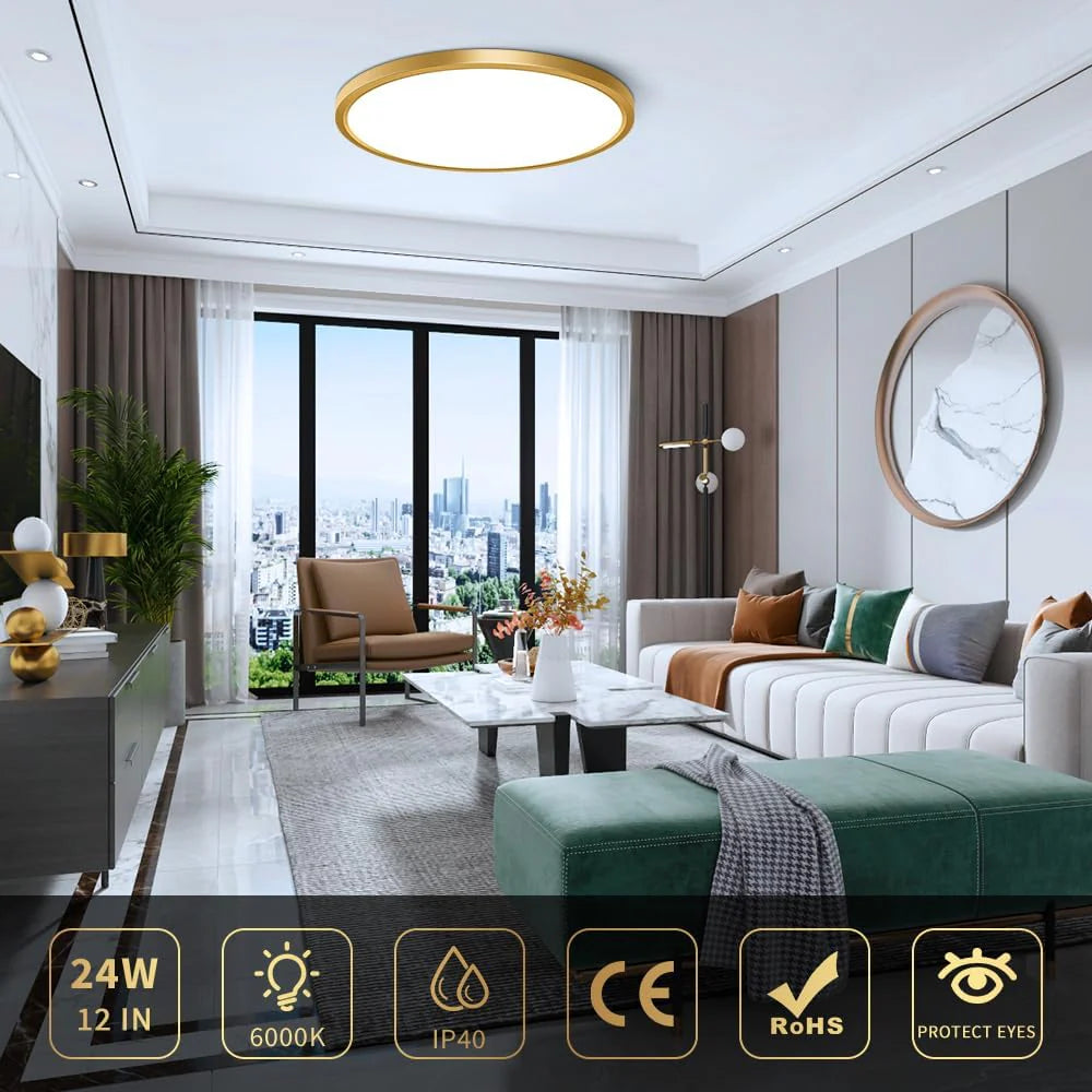 inShareplus 12 Zoll 24W Gold LED-Deckenleuchte, Tageslichtweiß 5000K, 0,94 Zoll ultradünne Deckenbeleuchtung zur Unterputzmontage, 3200LM superhelle goldene Deckenlampe für Schlafzimmer, Büro, Flur, Küche 
