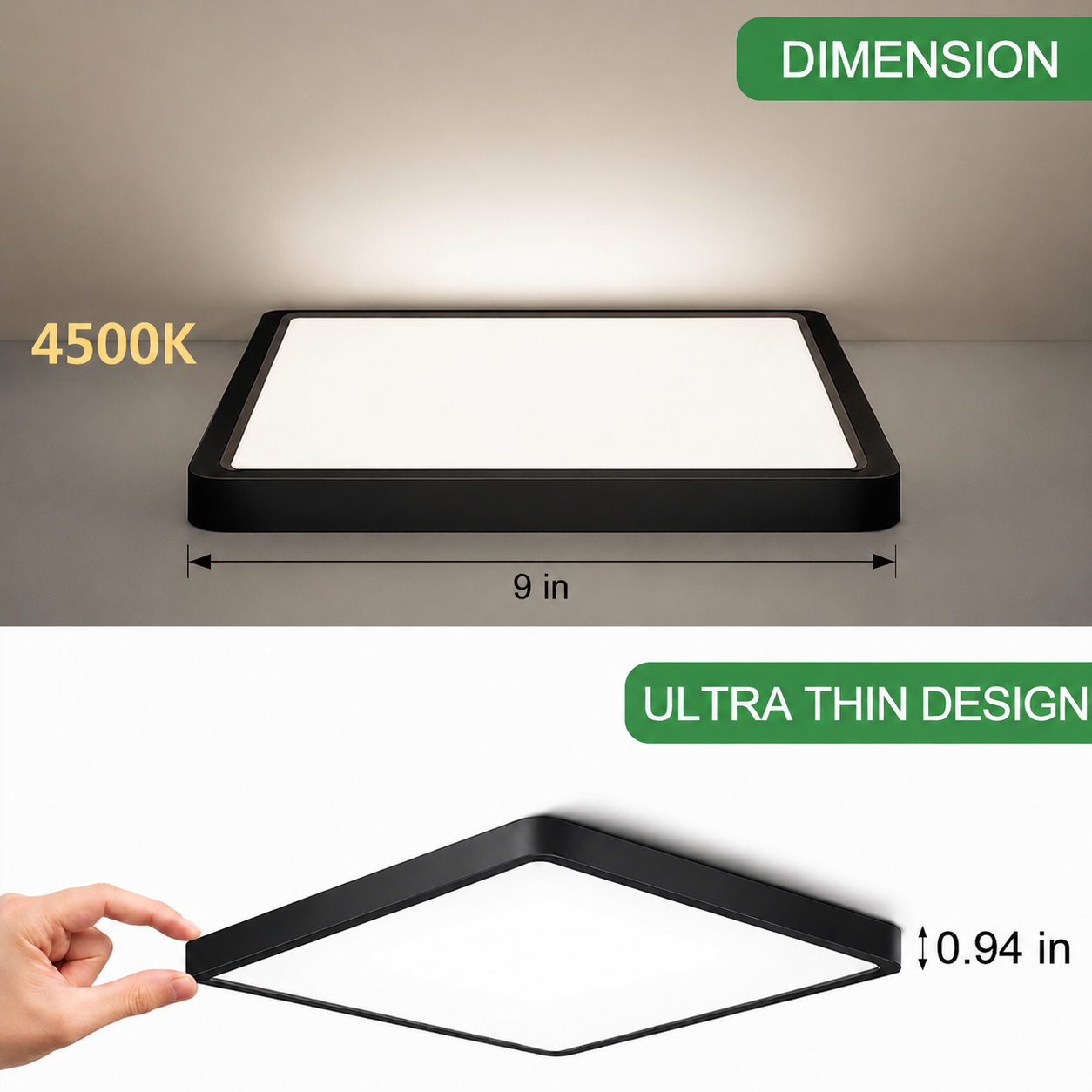 AC 110–130V | 9 Inch 18W Square Slim Flush Mount Ceiling Lights – White / Black | 3000K / 4500K / 5000K / 6500K | Flush Mount Ceiling Light for Apartment & Commercial Spaces – Local Stock (US)
