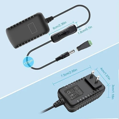 DC 12V Plug-in Power Adapter with On/Off Switch, 36W, US Plug, Black/White Housing, 100–240V AC Input - Power Supply for LED Lighting and Portable Devices