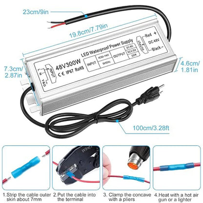 48V Outdoor Waterproof LED Power Supply 100W–400W, 90–140V Input, Single Wire Output, Aluminum Housing, Landscape & Outdoor Lighting, CE/RoHS/FCC Certified, Waterproof Transformer for Outdoor Lighting, US Plug