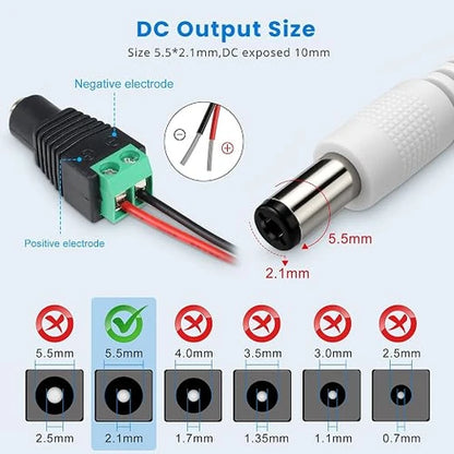 DC 12V Plug-in Power Adapter with On/Off Switch, 24W, US Plug, White Housing, 100–240V AC Input - Power Supply for LED Lighting and Home Applications